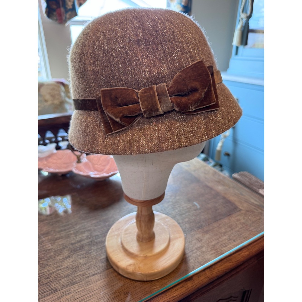 August Hat Company Brown Gold Lurex Wool Blend Cloche Hat Velvet Bow Accent